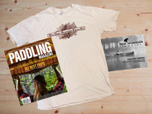 Load image into Gallery viewer, Bear Mountain Boats vintage logo t-shirt with copy of Paddling Magazine and Bear Mountain Boats study plans catalogue

