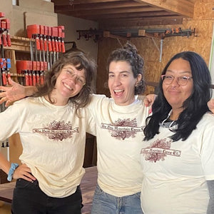 Three Offerman Woodshop woodworkers model Bear Mountain Boats vintage logo t-shirts