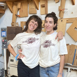 Two Offerman Woodshop woodworkers model Bear Mountain Boats vintage logo t-shirts